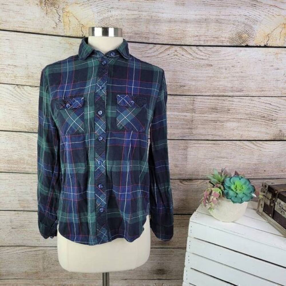 BDG Urban Outfitters Navy Blue Green Plaid Flannel Button‎ Down Shirt XS Grunge